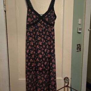 Almost Famous Black Maxi Dress with Red Rose Print and Lace Trim